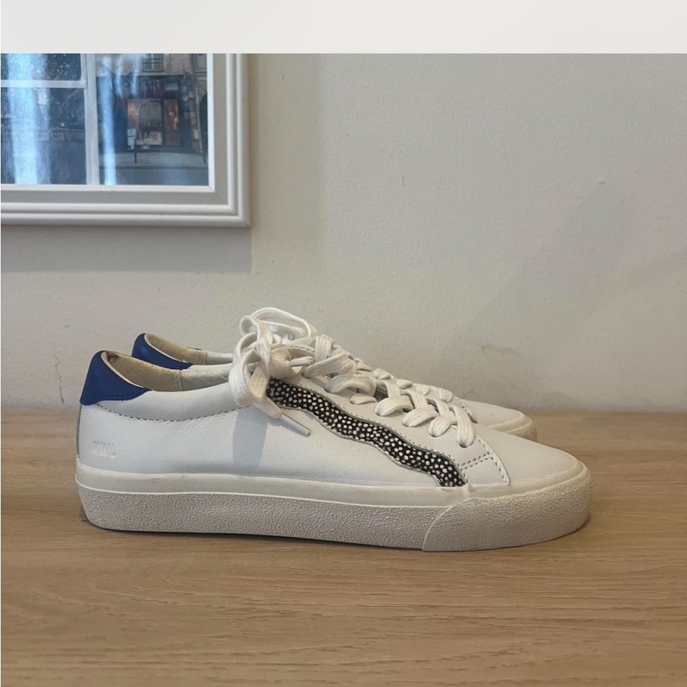 White Leather Women’s Sneakers with Blue Heel Accent